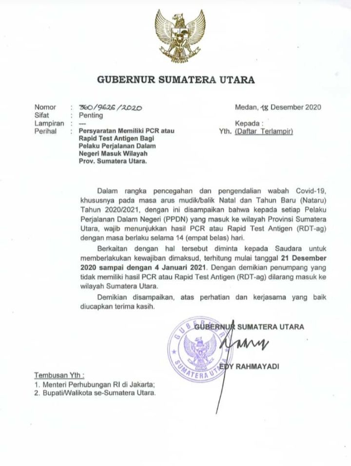 Klen Catat Ini Yaa..!! Mulai Hari Ini, Masuk Sumatera Utara Wajib Rapid Test Antigen..!!