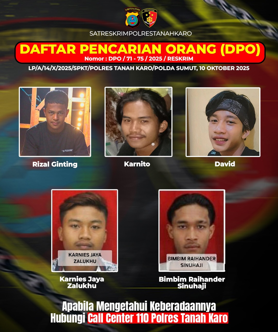 Keluarga Siapa Inii..?? Polres Tanah Karo Terbitkan DPO Lima Terduga Pelaku Tindak Pidana..!!